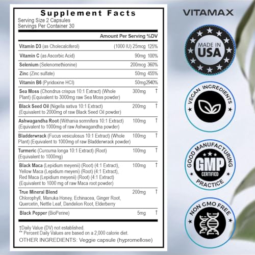 Sea Moss 3000mg Maca 1000mg Black Seed Oil 2000mg Ashwagandha 1000mg Bladderw Vitamax Au supplements