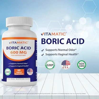 Vitamatic Boric Acid Vaginal Suppositories 600 mg USP Grade Boric Acid in Vegetarian Capsule Shell - 60 Count VitamaticAU supplements