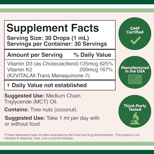 Vitamin D3 K2 5,000 IU Liquid Drops (5,000 IU of D3 and 200mcg of 99.9% All-Trans Double Wood Supplements Au supplements