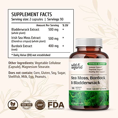Sea Moss Capsules - 180 Caps Wildcrafted Irish Moss, Burdock Root & Bladderwrack Wild & Organic Au supplements