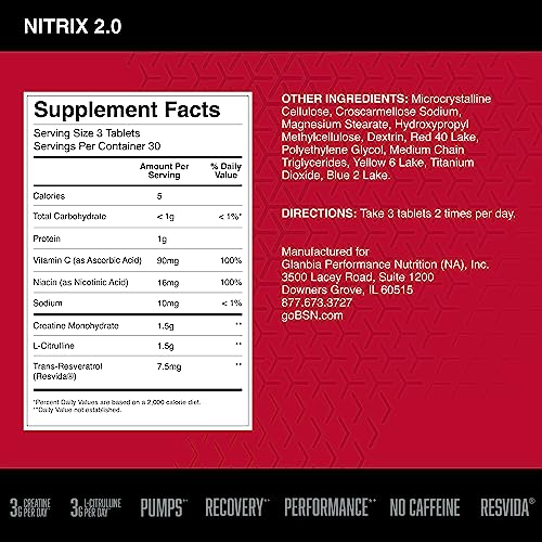 BSN NITRIX 2.0 - Nitric Oxide Precursors, 3g Creatine, 3g L Citrulline - Supports Workout BSN Au supplements