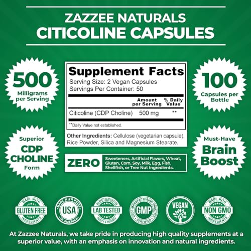 Zazzee Extra Strength Citicoline CDP Choline, 500 mg per Serving, 100 Vegan Capsules Zazzee Au supplements