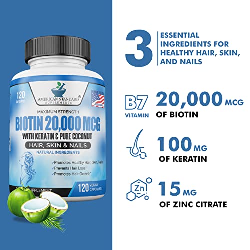Biotin 20,000mcg with Keratin, Organic Coconut and Zinc, Hair Growth Supplements, Biotin American Standard Supplements Au supplements