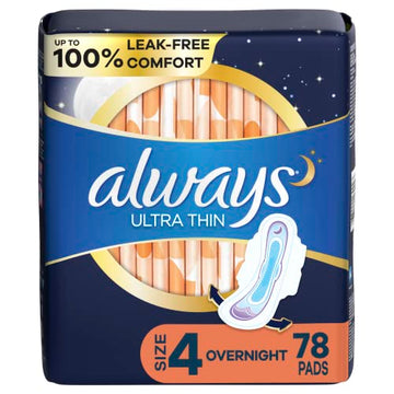 Always Ultra Thin Feminine Pads with Wings for Women, Size 4, Overnight Absorbency, Unscented Always Au supplements