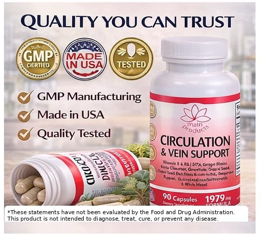 Circulation & Vein Support Supplement - Vitamins E & B3, Ginkgo Biloba, Horse Chestnut, Gotu Kola, Grape Seed, Butcher's Broom & Citrus Bioflavonoids - 1979 mg Formula - 90 Capsules - 30 Days Supply. Main Products Au supplements