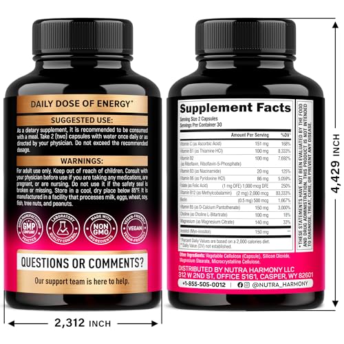 Vitamin B Complex for Men & Women - Riboflavin B2, B12, B1, B3, B5, B6, B7, B8, B9 | Vitamin C, Choline, Inositol - B-Complex Supplement - Energy, Brain & Heart Support - Made in USA, 60 Vegan Caps NUTRAHARMONY Au supplements