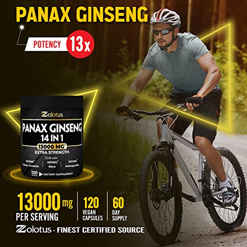 Premium Panax Ginseng 14 in 1, 13X Potency, High Strength Capsules with Horny Goat Weed Zolotus Au supplements