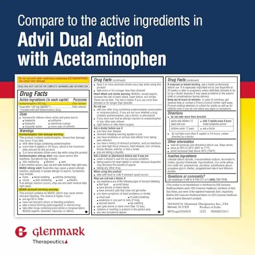 Dual Action Acetaminophen 250mg and Ibuprofen 125mg Caplets, Up to 8h of Pain Relief for Minor Aches and Pain, Headaches, Toothache, Backache, Menstrual Cramps, Minor Arthritis Pain, 216 Count Glenmark Therapeutics Au supplements