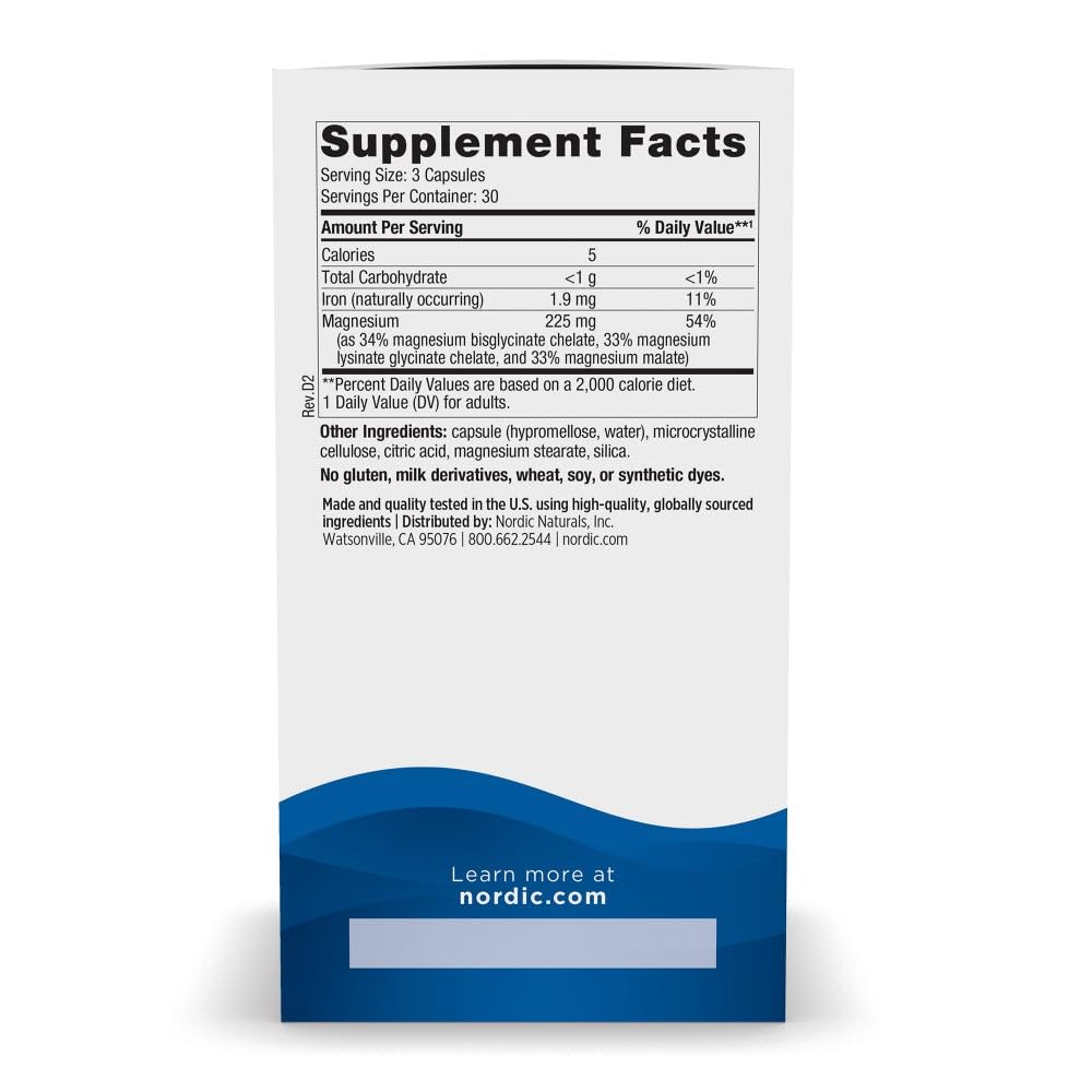 Nordic Naturals Magnesium Complex - 90 Capsules - 225 mg Magnesium, 1.9 mg Iron - Brain & Heart Health, Mood, Energy, & Muscle Relaxation - Non-GMO, Vegan - 30 Servings Nordic Naturals Au supplements