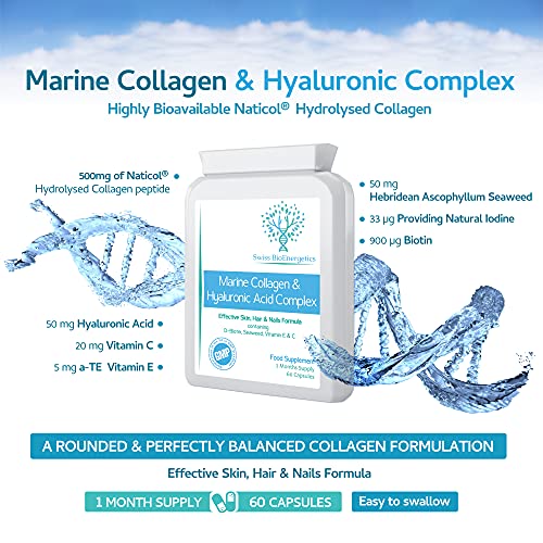 Marine Collagen & Hyaluronic Acid Complex - 60 Capsules - 500mg of Highly Bioavailable Naticol® Hydrolysed Collagen swiss bioenergetics Au supplements