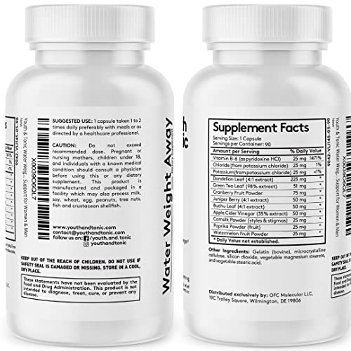 Youth & Tonic Natural Water Pills (90 Count) for Swelling Belly Bloating Youth & Tonic Au supplements