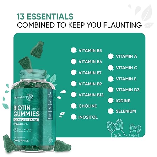 Biotin Gummies 5000mcg - with Vitamin A, B, C, D, E & Selenium – 120 Hair Nails and Skin maxmedix Au supplements
