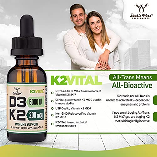 Vitamin D3 K2 5,000 IU Liquid Drops (5,000 IU of D3 and 200mcg of 99.9% All-Trans Double Wood Supplements Au supplements