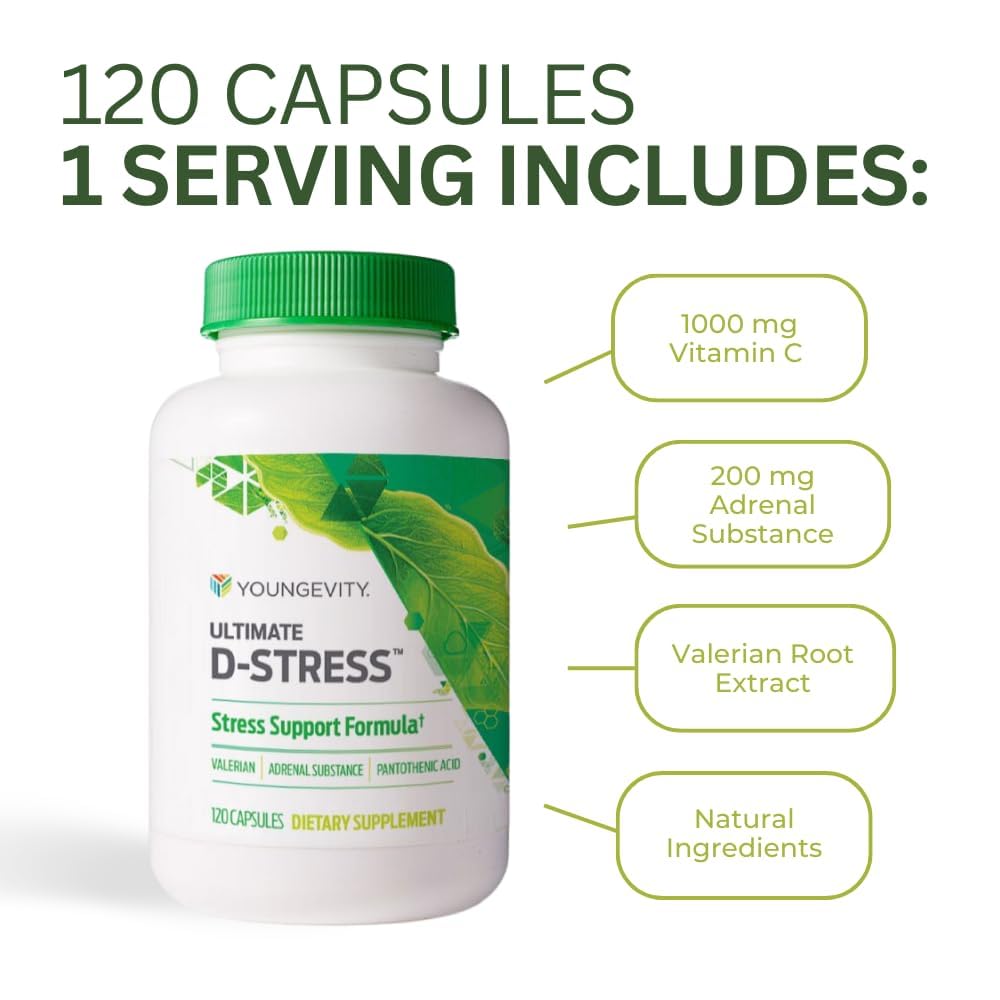 Youngevity Ultimate D-Stress™ – Natural Stress Relief Supplement with Magnesium, Valerian Root Extract, and B Vitamins – Supports Adrenal Health and Nervous System – 120 Capsules (Pack of 1) Youngevity Au supplements