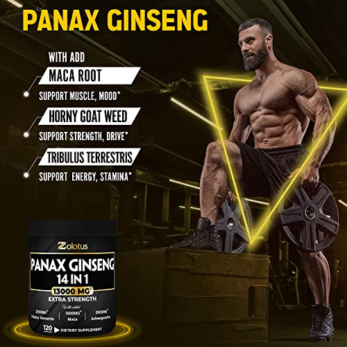 Premium Panax Ginseng 14 in 1, 13X Potency, High Strength Capsules with Horny Goat Weed Zolotus Au supplements