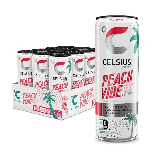 CELSIUS Sparkling Peach Vibe, Functional Essential Energy Drink 12 Fl Oz (Pack of 12) CELSIUS Au supplements