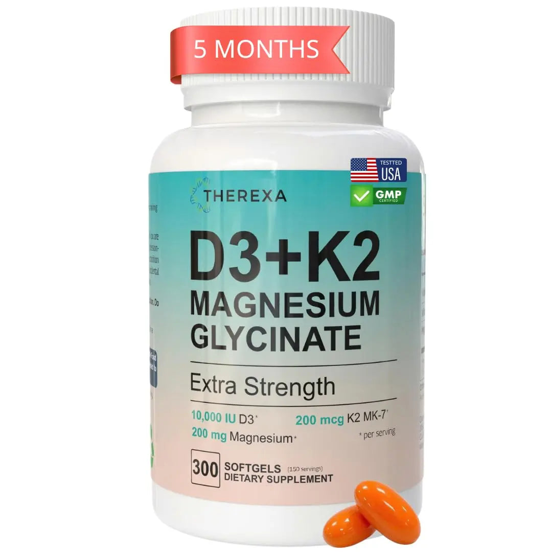 THEREXA Vitamin D3 K2 Magnesium Supplement - Extra Strength with 10000 IU Vitamin D3, Magnesium Glycinate and 200 mcg K2 MK-7 Vitamin Supplements Complex, for Women & Men - 300 Softgels THEREXA Au supplements