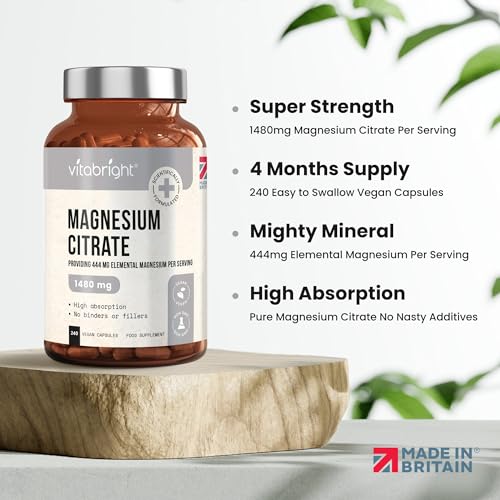 Magnesium Citrate - 1480mg High Strength - 240 Capsules (4 Month Supply) - Vegan VitaBright Au supplements