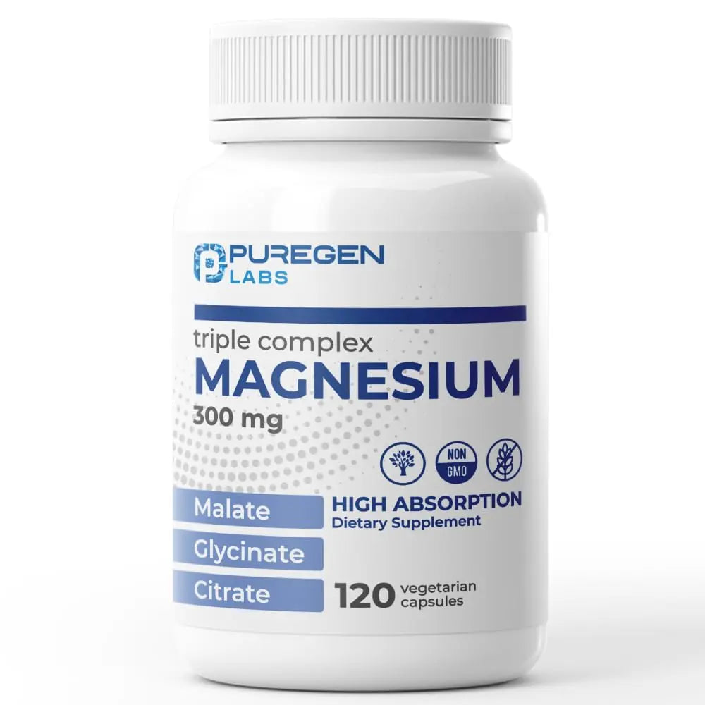 Puregen Labs Triple Magnesium Complex 300mg of Magnesium Glycinate, Malate, & Citrate [High Absorption] 120 Veg Capsules | No Harmful Additives | Non-GMO, NO Gluten and Dairy P Puregen Labs Au supplements