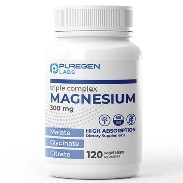 Puregen Labs Triple Magnesium Complex 300mg of Magnesium Glycinate, Malate, & Citrate [High Absorption] 120 Veg Capsules | No Harmful Additives | Non-GMO, NO Gluten and Dairy P Puregen Labs Au supplements