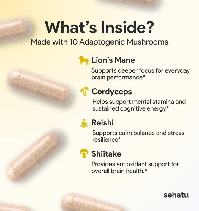 SEHATU Clarity Plus Cognitive Wellness Supplement | Packed with 10 Powerful Adaptogenic Mushrooms | Clear Brain Fog and Support Mental Clarity | 60 Count | 30 Day Supply SEHATU Au supplements