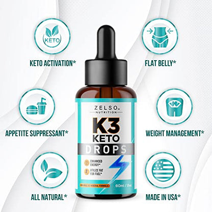(3 Pack) K3 Keto Drops for Weight Loss - Fat Burner & Metabolism Booster | Advanced Keto ZELSOAU supplements