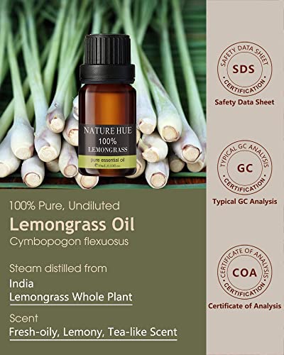 NATURE HUE Lemongrass Essential Oil - 10 mL (1/3 oz) - Pure, Natural, Therapeutic Grade NATURE HUE Au supplements