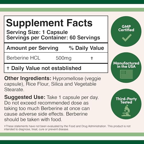Berberine Supplement 500mg, 60 Capsules (Third Party Tested, Manufactured in The USA Double Wood Supplements Au supplements