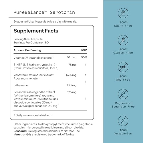 Quality of Life Pure Balance Serotonin Premium–Helps Boost Serotonin & Cortisol Levels - Includes 5-HTP, Venetron, Sensoril, Vitamin D3 & L-Theanine–60 Capsules Quality of Life Au supplements