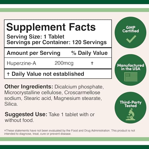 Huperzine A 200mcg (Third Party Tested) Manufactured in The USA, 120 Tablets, Brain Double Wood Supplements Au supplements
