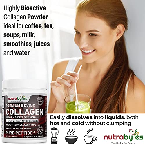 Pure Hydrolysed Collagen Powder 10000mg Bovine Type 1 & 3 Unflavoured|High Strength Protein Peptides for Women & Men NUTRABYTES Au supplements