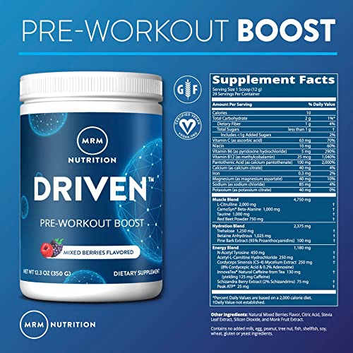 MRM Nutrition Driven Pre-Workout Powder | Mixed Berry Flavored | 125mg Caffeine | Pure MRM Au supplements