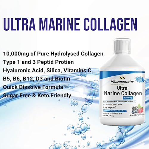 Marine Collagen Liquid 10000mg Sugar Free Berry Flavour, Hydrolysed Peptides, Hyaluronic Acid, Biotin, Silica, Vitamin C, Healthy Skin Pharmanostix Au supplements