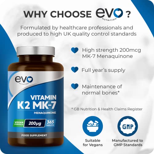 EVO NUTRITION Vitamin K2 MK-7 200mcg | 365 Vegetarian and Vegan Tablets EVO NUTRITION Au supplements