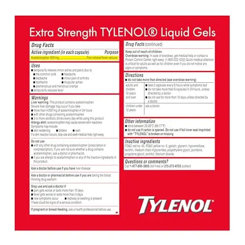 Tylenol Extra Strength Liquid Gels, Fast, Strong Pain Relief, Fever Reducer for Adults with 500 mg Acetaminophen, Fast-Acting Liquid Gel Capsules for Headaches & Minor Pain Relief, 75 Count Tylenol Au supplements