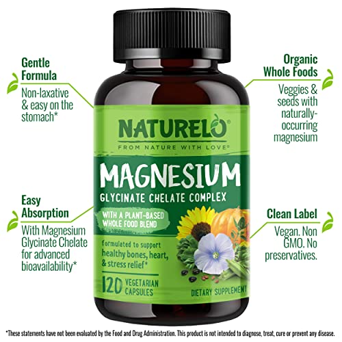 NATURELO Magnesium Glycinate Chelate Complex - 200 mg Magnesium with Organic NATURELO Au supplements