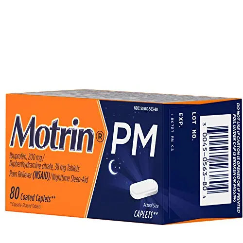 Motrin PM Caplets with 200 mg Ibuprofen & 38 mg Diphenhydramine Sleep Aid, Nighttime Pain Reliever for Minor Aches & Pains, Bulk, 80 ct Motrin Au supplements