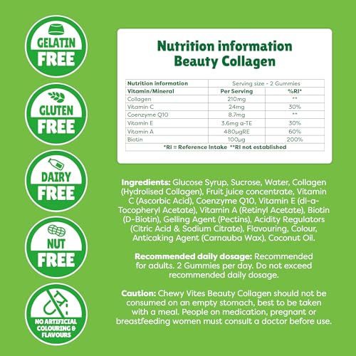 Chewy Vites Beauty Collagen 60 Gummy Vitamins |Hydrolised Collagen, CoQ10, Biotin + Vitamins | 1 Month Supply | Real Fruit Juice | Berry Flavour | 2-a-Day | CHEWY VITES Au supplements