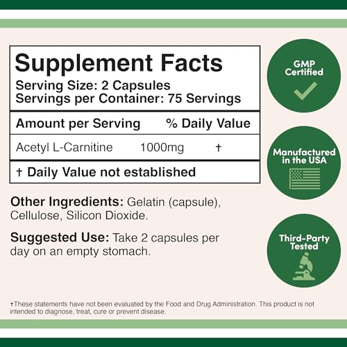 Acetyl L-Carnitine 1,000mg Per Serving, 150 Capsules (ALCAR for Brain Function Support Double Wood Supplements Au supplements