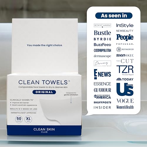 Clean Skin Club Clean Towels XL®, 100% USDA Biobased Face Towel, Disposable Face Towelette, Eczema Association Accepted, Makeup Remover Dry Wipes, Ultra Soft, 1 Pack, 50 Ct CLEAN SKIN CLUB Au supplements