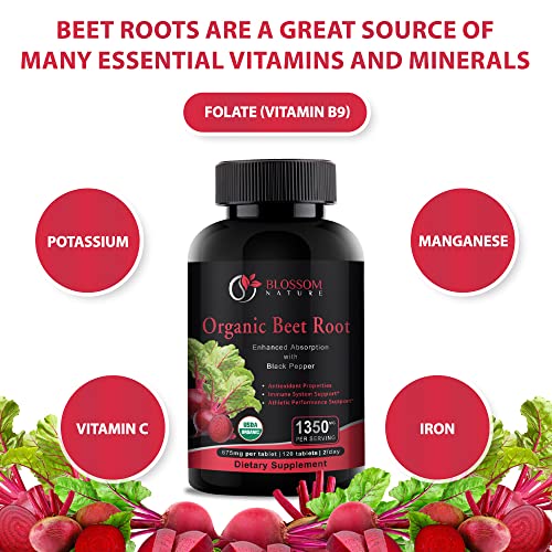 Organic Beet Root Powder 1350mg with Black Pepper-Nitric Oxide Booster, Digestive System Blossom Nature Au supplements