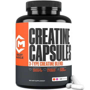 Creatine Capsules, 5g Premium 3X ThreeAtine Pre Workout Bulk Muscle Mass Gainer, High Absorption Easy to Take Creatine Monohydrate Pills Alternative Optimum Performance for Men Women, 180 Capsules Crazy Muscle Au supplements