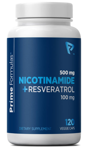 Nicotinamide 500 mg with Resveratrol 100 mg 120 Veggie Capsules - Non-GMO Vitamin B3, Supports Metabolic Health, NAD+, Skin Cell & Mitochondrial Energy Production. Made in USA for Men and Women Prime Formulas Au supplements