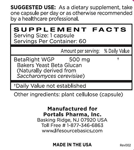 Life Source Basics Immune System Support Activator - High Purity Beta 1,3/1,6 Glucan - Immunity and Vitamin Supplement Non-GMO & Vegan Friendly for Men & Women, Gluten-Free 500 mg - 60 Capsules L LIFE SOURCE BASICS Au supplements