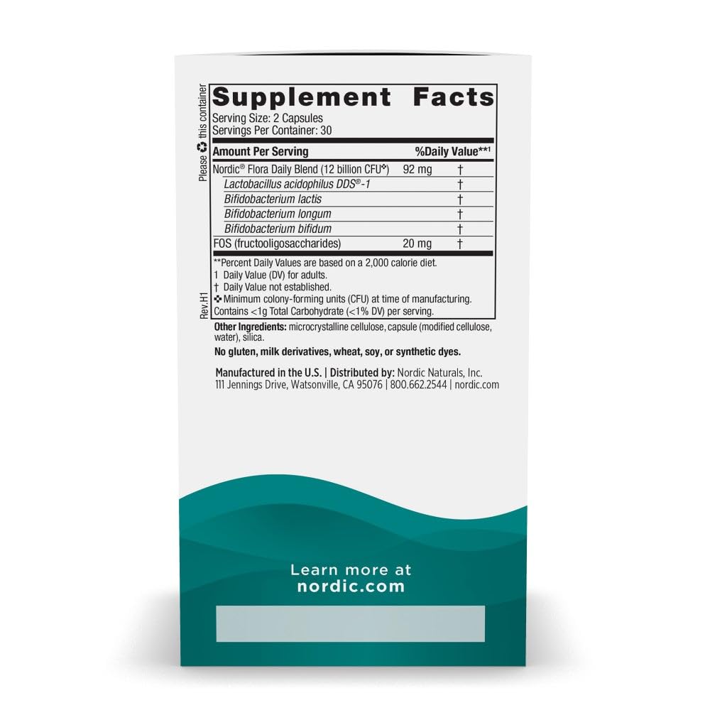 Nordic Naturals Nordic Flora Probiotic Daily - 60 Capsules - 4 Probiotic Strains with 12 Billion Cultures - Optimal Wellness, Immune Support, Digestive Health - Non-GMO, Vegan - 30 Servings Nordic Naturals Au supplements
