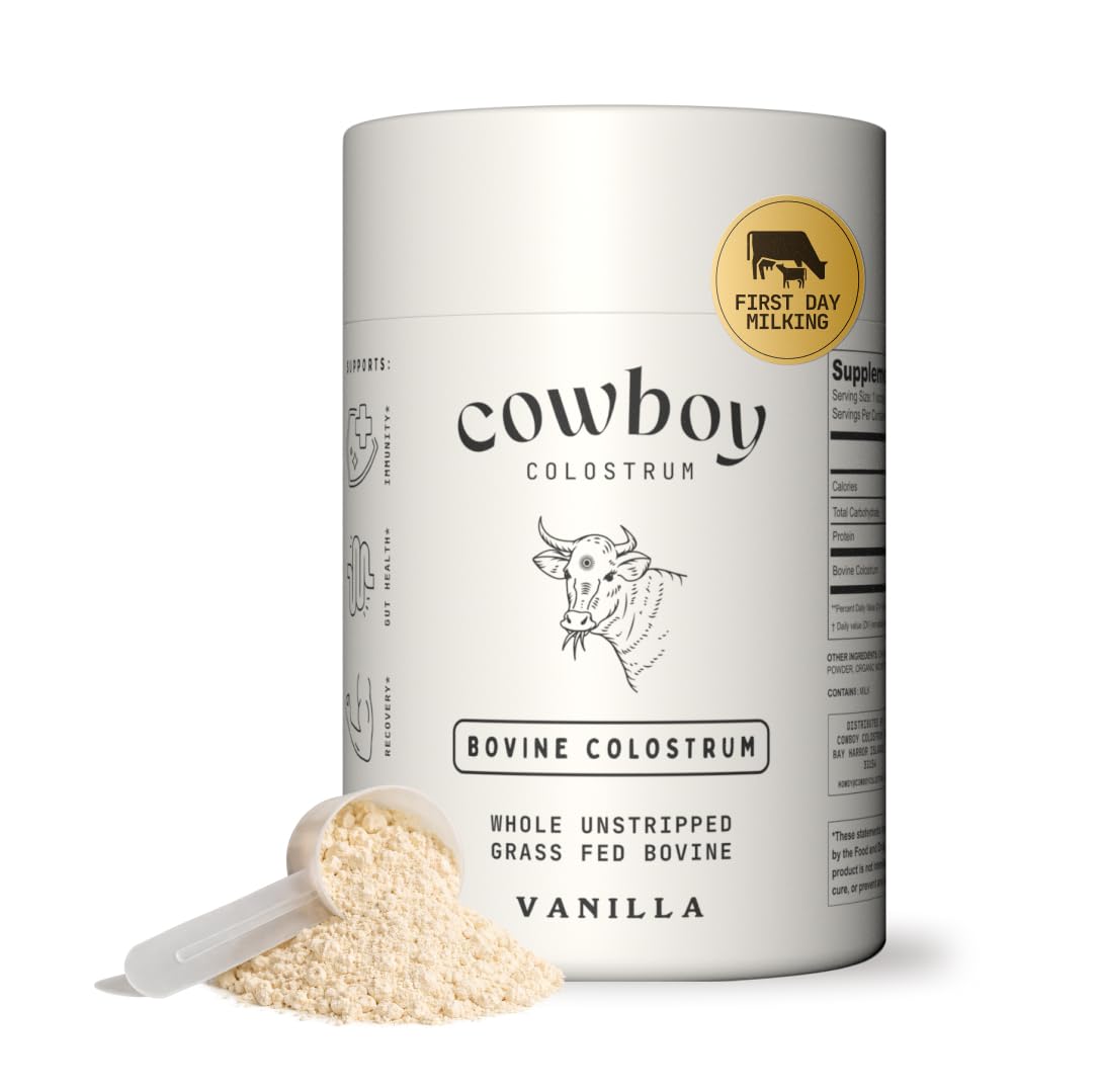 Cowboy - The Exclusive 1st Milking, Whole, Grass Fed Colostrum Supplement for Full Body Health - Bovine Colostrum Powder Packed w/Bioactive Nutrients - Sugar Free (Vanilla, 40 Servings) COWBOY COLOSTRUM Au supplements
