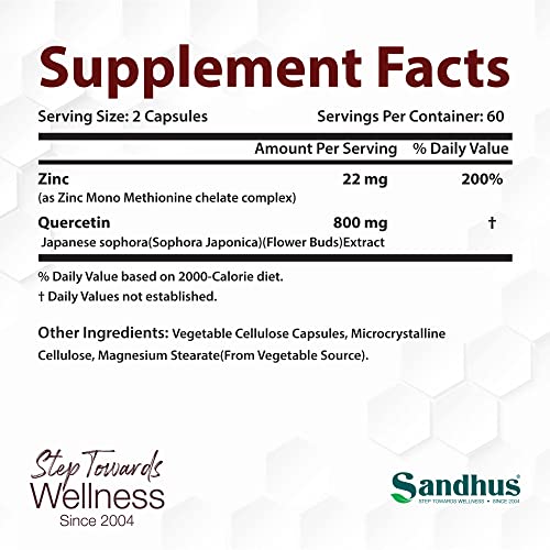 Sandhu's Zinc Quercetin 120 Vegetarian Capsules – Zinc Supplements for Antioxidant Sandhu's Au supplements