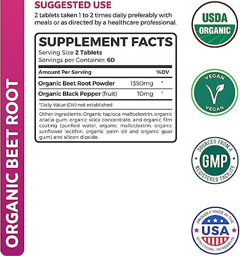 USDA Organic Beet Root Powder (120 Tablets) 1350mg Beets Per Serving with Black Pepper Healths Harmony Au supplements