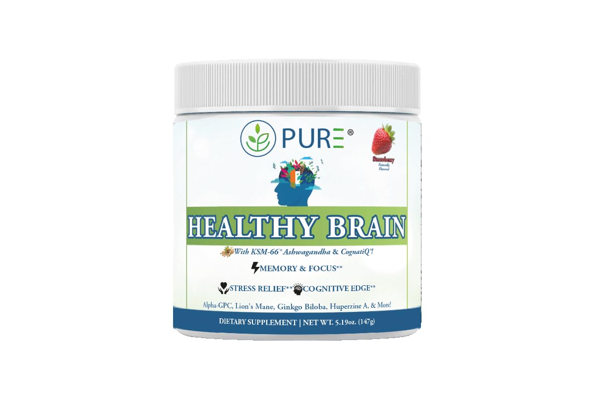 PURE® Healthy Brain Nootropic Powder - 30 Servings - 1.25g Lion’s Mane, 600mg Alpha-GPC & KSM-66® Ashwagandha - Cognitive Support for Memory, Focus & Stress Relief - 147 Grams, Strawberry Flavor! PURE Au supplements