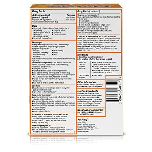 Motrin IB, Ibuprofen 200mg Tablets, NSAID Pain & Fever Reliever for Headache, Backache, Muscular Aches, Arthritis Pain Reliever, 50 Travel Packets of 2, 100 ct Motrin Au supplements
